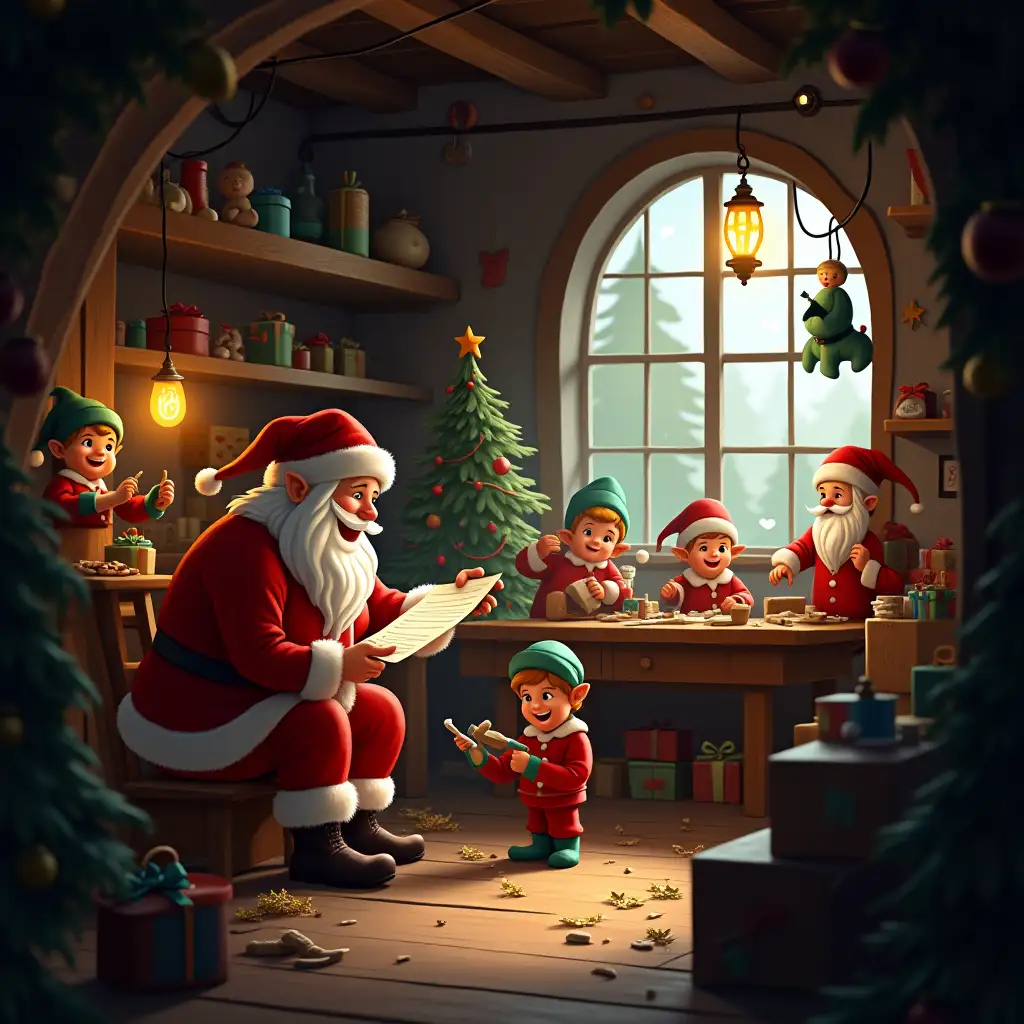 An enchanting indoor scene of Santa’s workshop filled with cheerful elves building toys, wrapping presents, and organizing gifts. The space is cluttered with wooden tools, colorful paints, and ribbons. Santa is seen reviewing a long list while his elves work energetically. The workshop is lit by a combination of natural light streaming in through frosted windows and the warm glow of lanterns. A whimsical atmosphere makes this image ideal for children’s stories or festive branding.