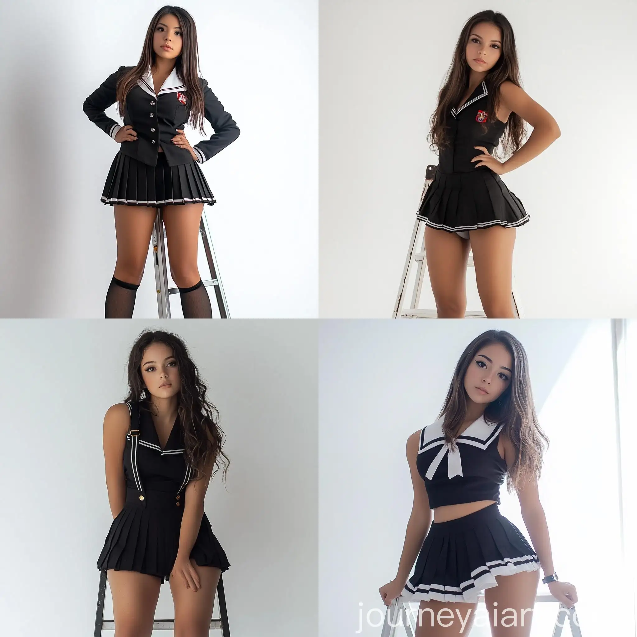 Brazilian-Woman-in-Black-School-Uniform-Poses-on-Ladder-in-Photography-Studio