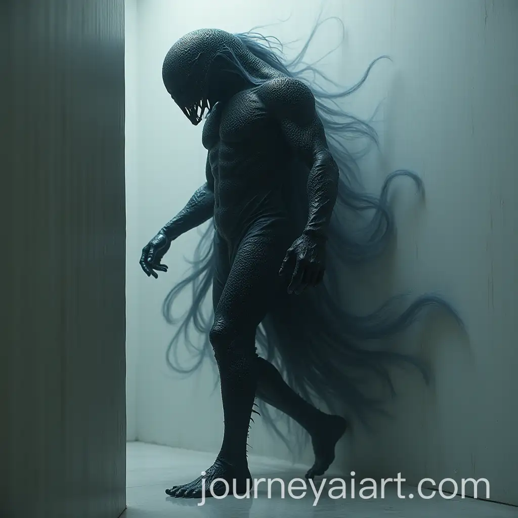 Black-Mechanical-Being-Phasing-Through-Wall-with-Silver-Scales