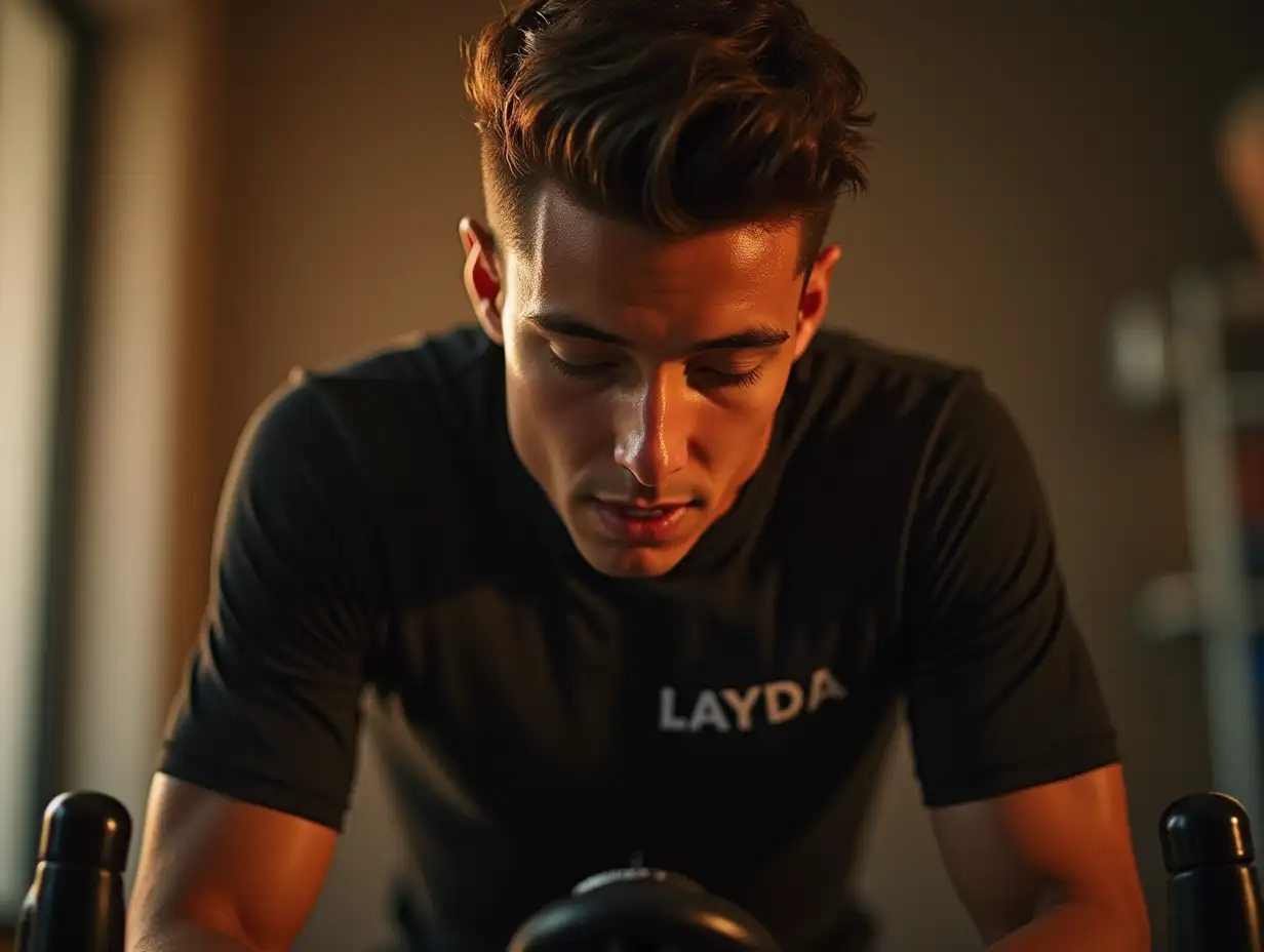 A young man on a stationary bike, sporting a perfectly faded hairstyle. His tight shirt displays the Layda Peluqueros logo on the chest, warm lighting illuminating his figure, with beads of sweat and hair reflections, 16k quality.