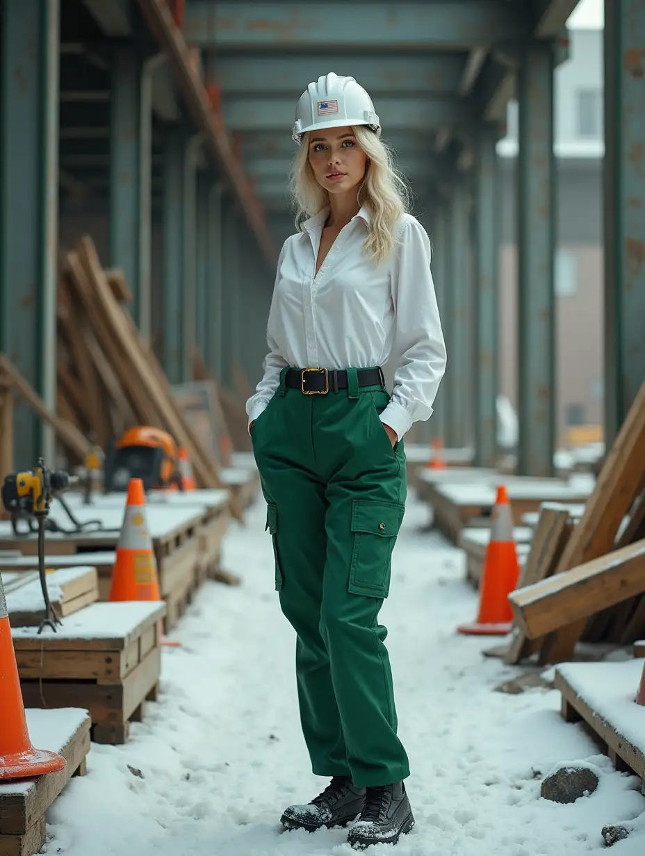 This realistic photograph shows an elegant young hot woman with incredibly beautiful breasts, white hair, white skin in cinematic lighting, high contrast, standing confidently in the snow, she is dressed in an white and green work uniform in the middle of an organized work site, surrounded by construction tools and equipment such as hammers, drills and measuring tapes, with welding masks, hard hats and orange cones scattered around, against a background of steel beams, concrete floors and partially built structures, lit with soft, warm light, intricate detailed lighting. The image is of exceptional high quality, with sharp details and vibrant colors that really bring the subject to life. The scene comes alive with vibrant colors and intricate details, creating a realistic and captivating picture that exudes a sense of grace and hard work.