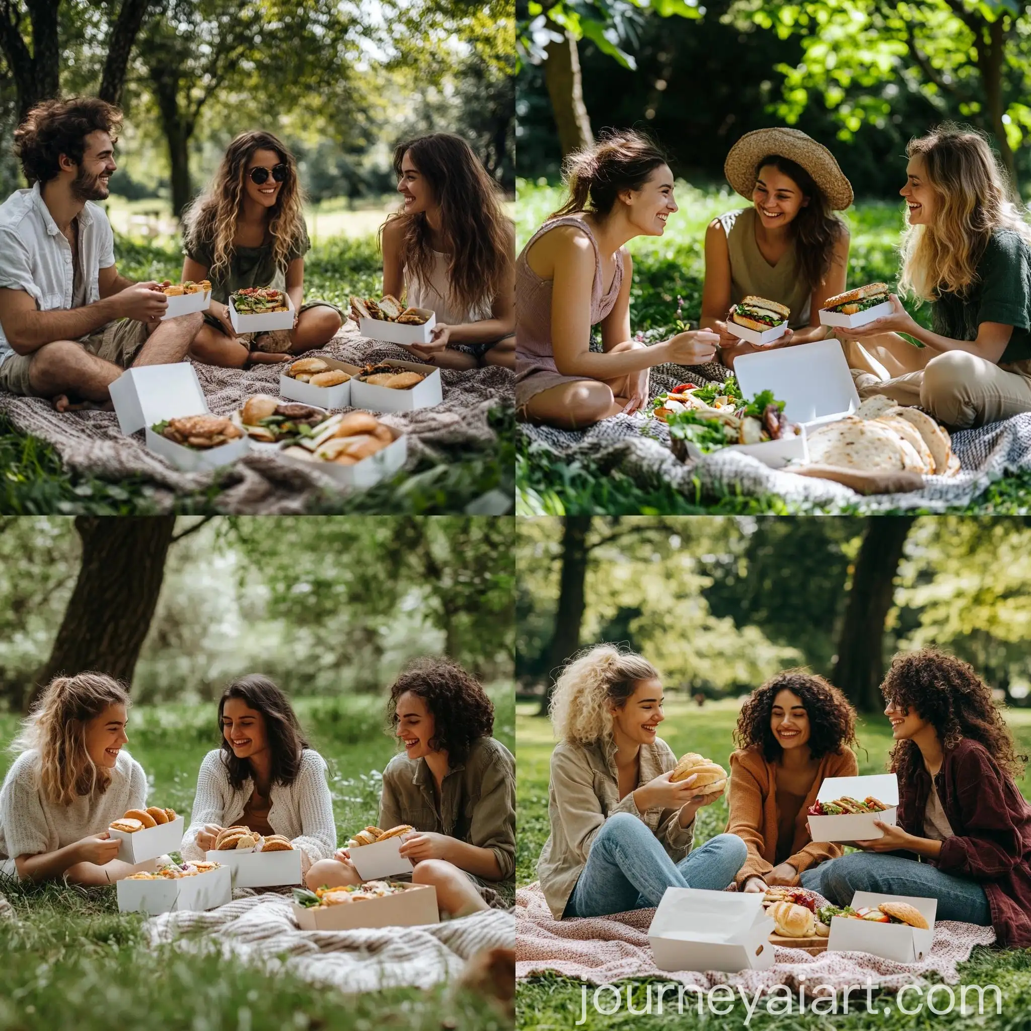 Friends-Enjoying-Picnic-in-Lush-Green-Park-with-Blank-EcoFriendly-Sandwich-Boxes