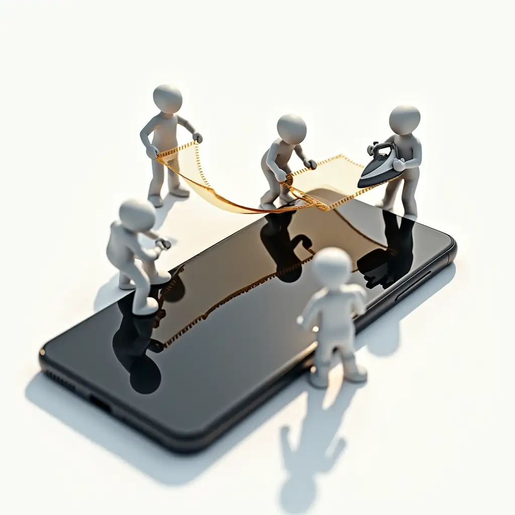 High angle view. A smartphone takes up most of the frame. Little people work in coordination like a well-oiled machine. One holds the film, another irons it out, the third oversees the process. Lighting is bright with a slight shadow from the little people. Creating an effect of hurried but careful work.