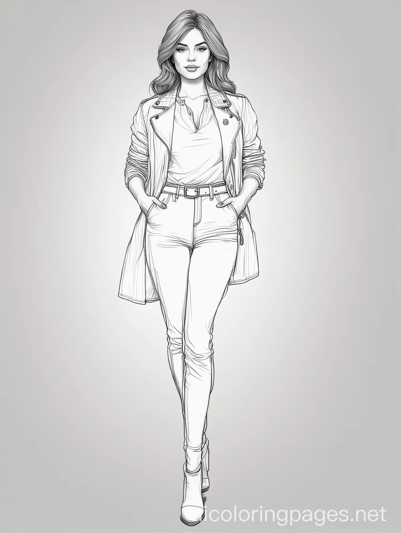 confident woman lifestyle/girlboss/woman full body fashion, Coloring Page, black and white, line art, white background, Simplicity, Ample White Space. The background of the coloring page is plain white to make it easy for young children to color within the lines. The outlines of all the subjects are easy to distinguish, making it simple for kids to color without too much difficulty