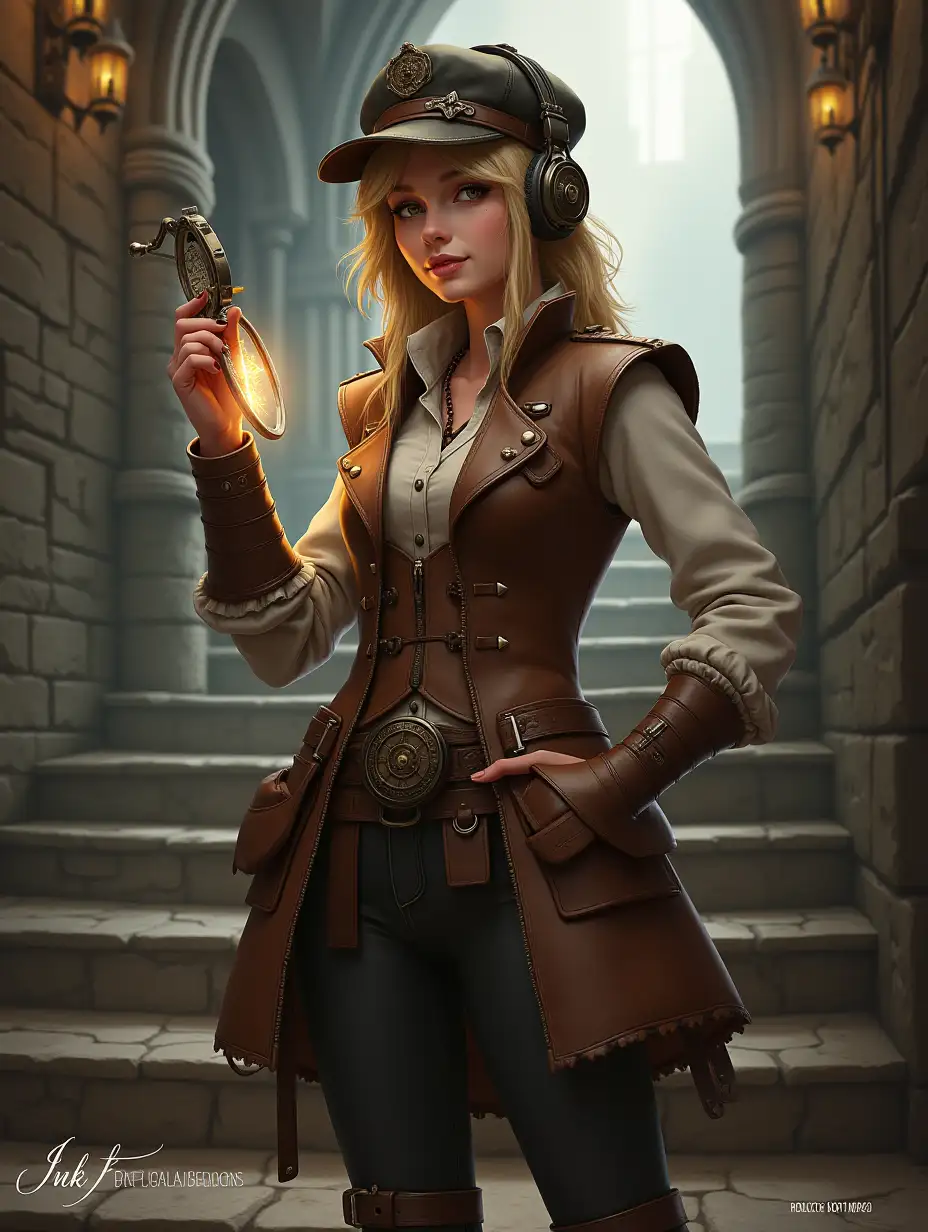 Steampunk style girl on stairs, wearing brown leather waistcoat with metal pockets, cap with headphones, massive compass in hand. Stone castle walls, soft lighting, ‘Ink Fusion Designs’ inscriptions