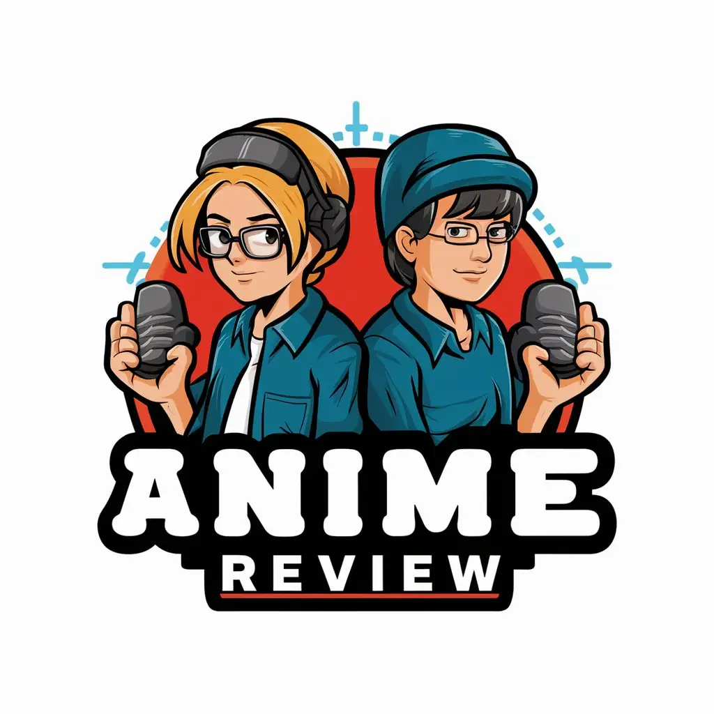 a vector logo design,with the text "Anime Review", main symbol:Podcast, two hosts, anime theme,complex,be used in Entertainment industry,clear background