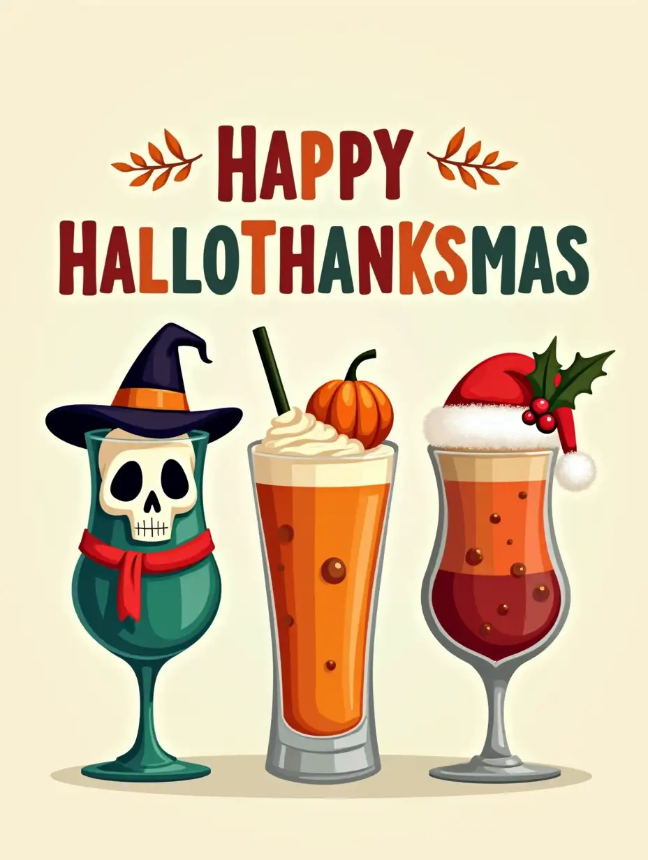 Vintage. Create a cartoon-style image of three colorful drinks arranged in a row: a Halloween-themed drink with a skull and a witch's hat, a Thanksgiving-themed drink with a scarf and a pumpkin, and a Christmas-themed drink with a Santa hat and berries. The text 'HAPPY HALLOTHANKSMAS' should be in bold, colorful letters, placed above the drinks. The overall atmosphere should be playful, festive, and perfect for the holiday season.