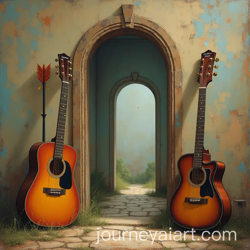 Guitar-Dental-Mirror-and-Arch-with-Arrow-in-Artistic-Arrangement