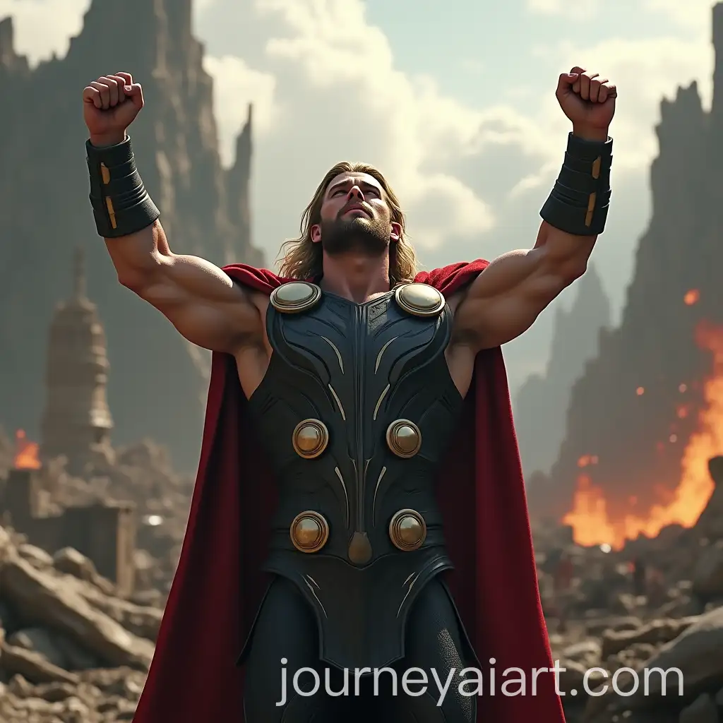 Muscular-Thor-Raising-Hands-in-Destroyed-Asgard-During-Ragnarok