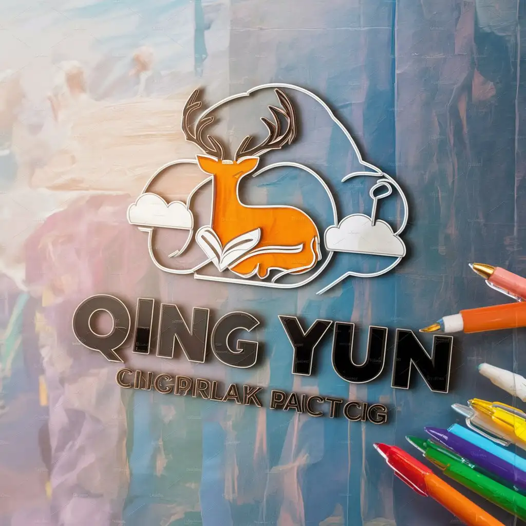 LOGO-Design-For-Qing-Yun-Elegant-Sika-Deer-with-Colorful-Pens-and-Clouds-on-Clear-Background