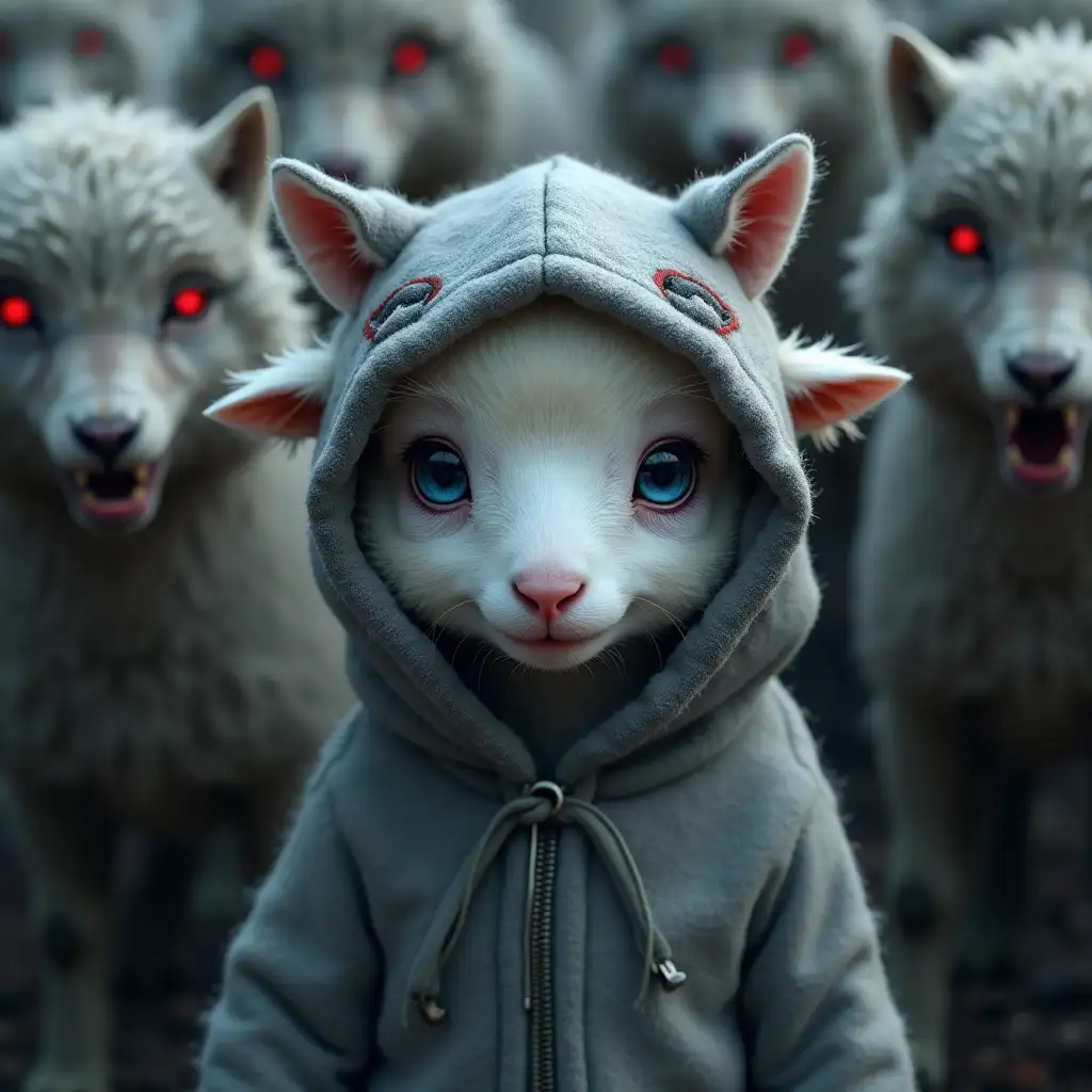 A cute little white horned blue-eyed sheep with a scared expression on its face. Wearing a grey hooded cloak (with decorative sharp wolf ears and red drawn wolf eyes) that looks like a grey wolf skin covered in thick wolf fur. The hood almost covers the sheep's face. A crowd of scary grey wolves surrounds the sheep, they have bloodstained bared long fangs, glowing red eyes, and dirty grey furry skins. The sheep doesn't stand out from the crowd. Photorealism.