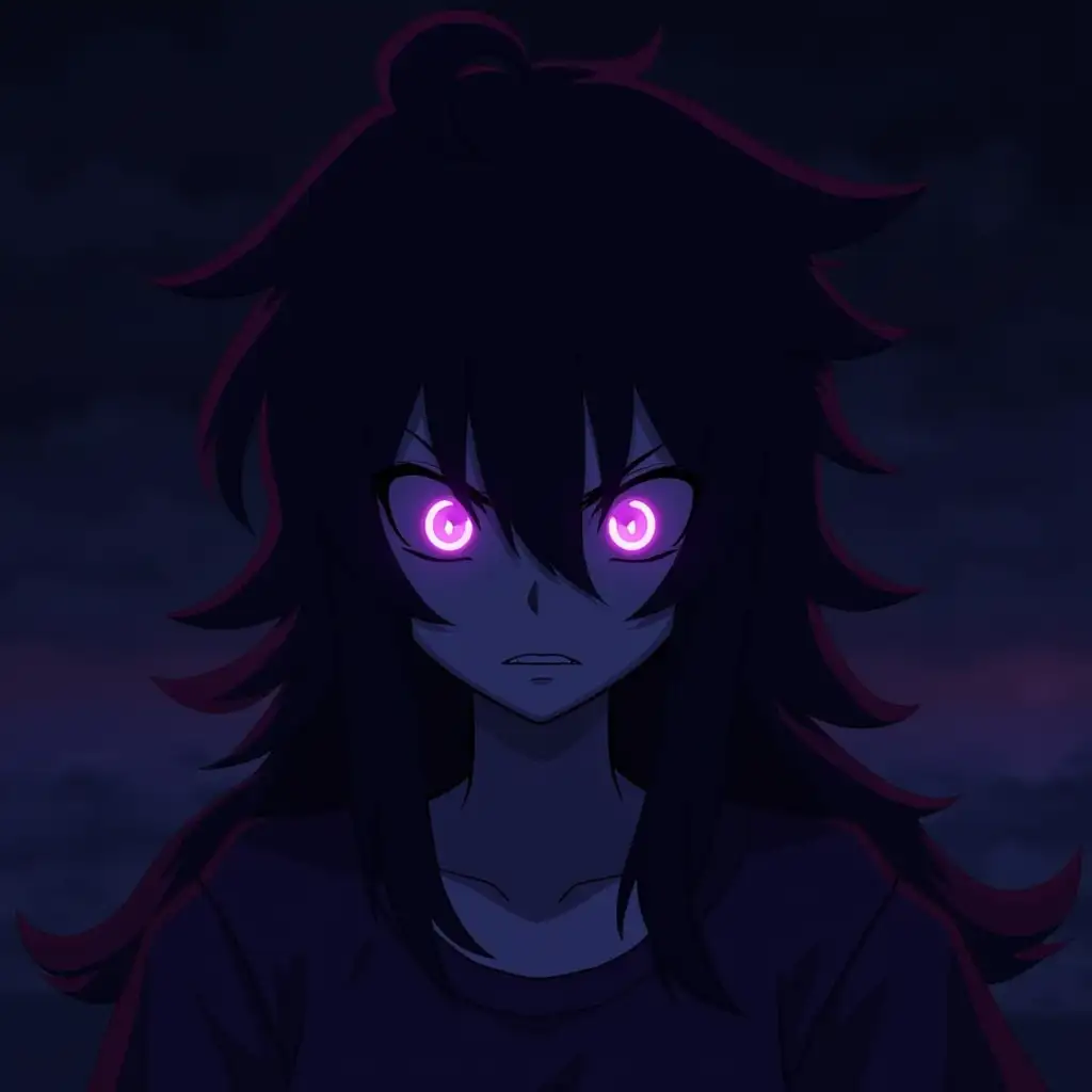 Demonic anime character with glowing purple eyes and spikes hair in dark background