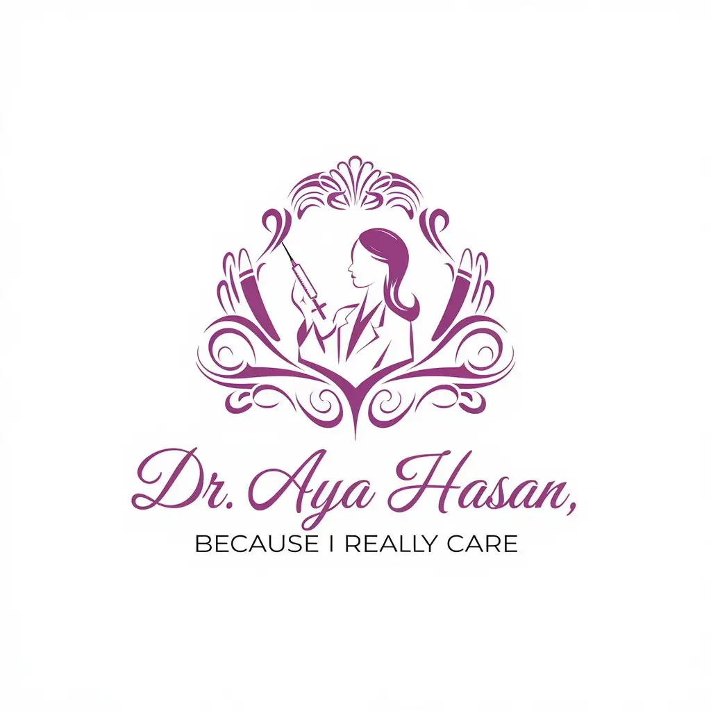 LOGO Design for Dr Aya Hasan Stylish Pink Female Doctor with Syringe Elegant Beauty Theme