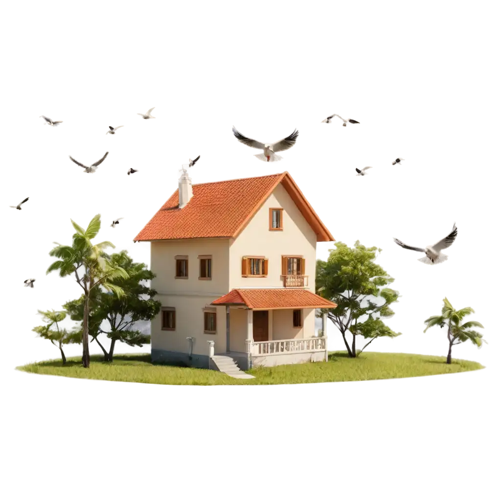 A macro photo of a little house on a sunny day with birds flying and a beautiful, tropical countryside in the background