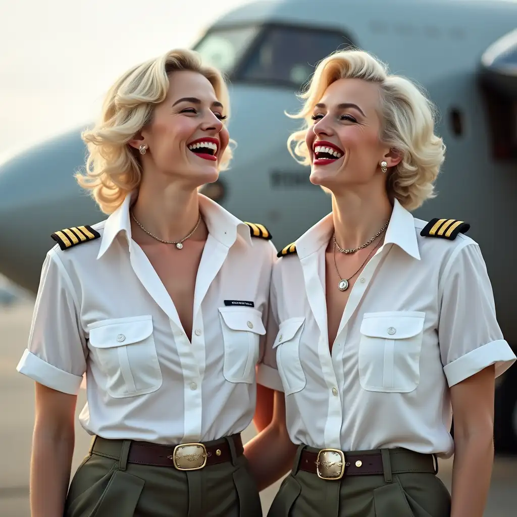 two white pilot ladies, Marilyn Monroe face, in white deep-necked army shirt, laughing with her mouth open, red lipstick accentuating her smile,belt on waist, big wide hips, chest are fully grown, jewelry, short hair, HD, enjoying at airport , photo-realism