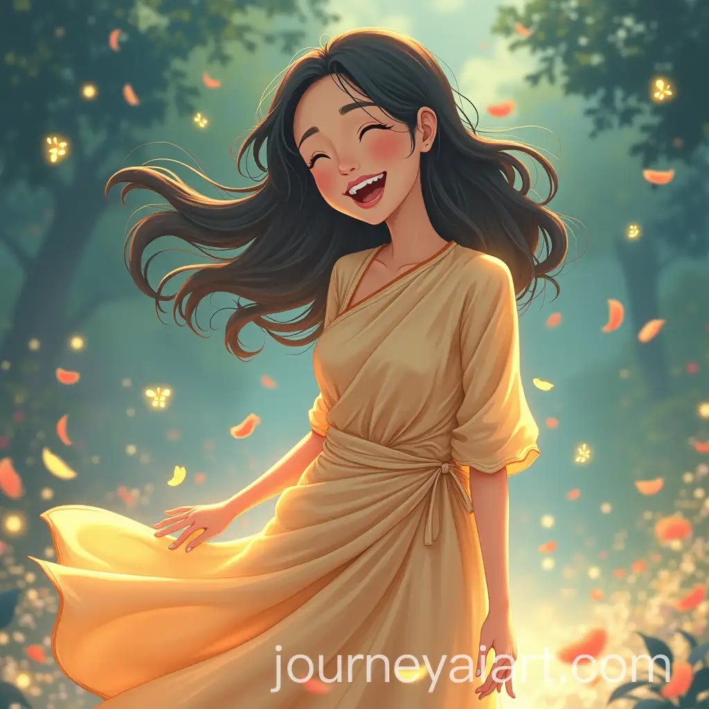 Joyful-Woman-in-Flowing-Saree-Surrounded-by-Dreamy-Enchanted-Atmosphere