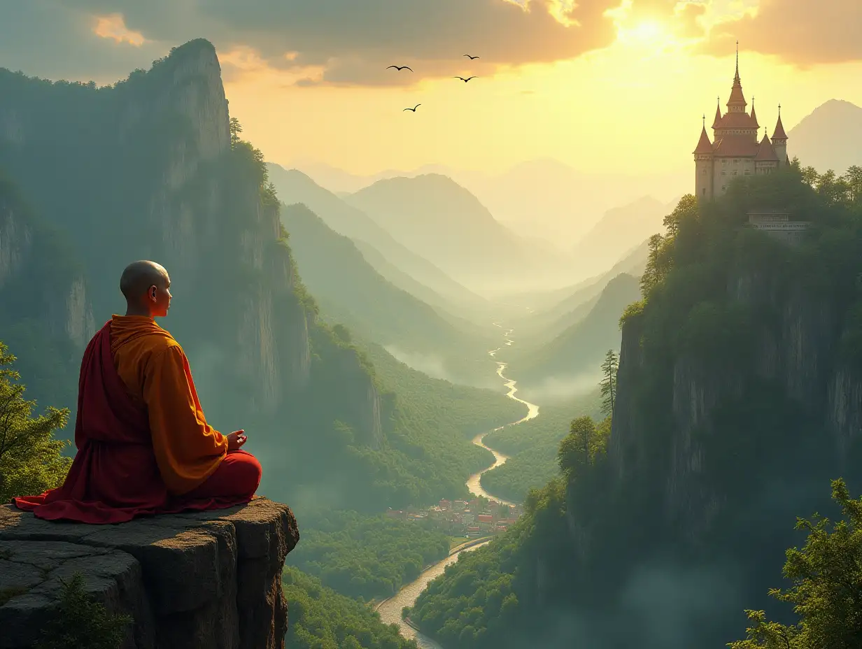 Buddhist-MonkAI-Image-Prompt-Expansion-Meditating-on-Cliff-Overlooking-Fantasy-Landscape