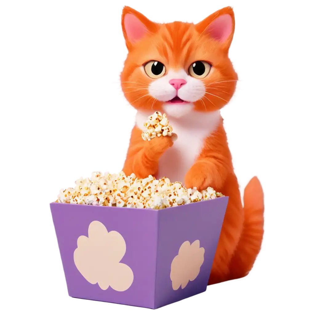 Cartoon-Red-Cat-Eating-Popcorn-PNG-Image-in-Purple-Toned-Box-HighQuality-Downloadable-PNG-Format