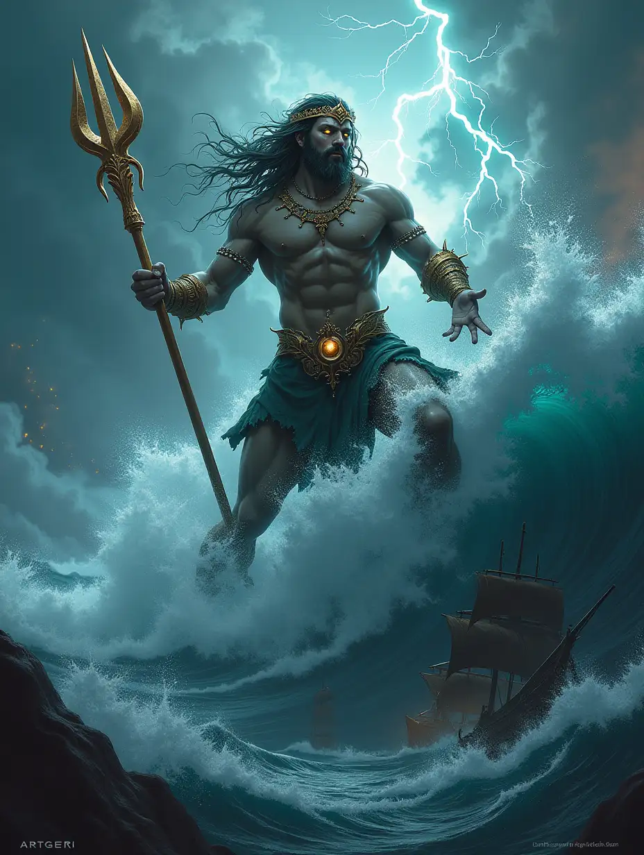 Poseidon, God of the Seas, commanding the ocean from atop a colossal wave, wielding his golden trident. Muscular physique, ethereal, otherworldly appearance, with glowing eyes and flowing seaweed hair, adorned with a crown of coral and pearls. Dark and brooding expression, eyes glowing with power. Trident crackling with energy, summoning monstrous waves and lightning strikes. Shipwrecks and swirling vortexes in the background. Dark fantasy art, dramatic lighting, hyperrealistic, epic scale, Artgerm, Greg Rutkowski, epic fantasy art.