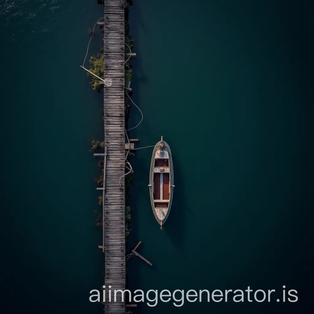 A PORT WITH A WOODEN PIER SEEN FROM ABOVE WITH AN OLD BOAT AND AT NIGHT