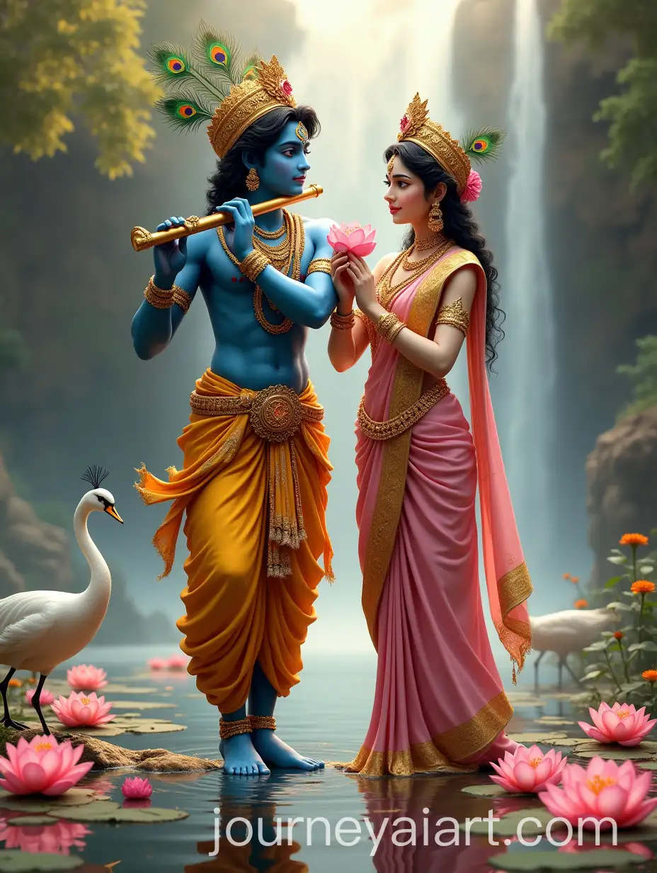 Krishna-and-Radha-in-Divine-Harmony-with-Flute-and-Lotus-Amidst-a-Serene-Waterfall-Landscape