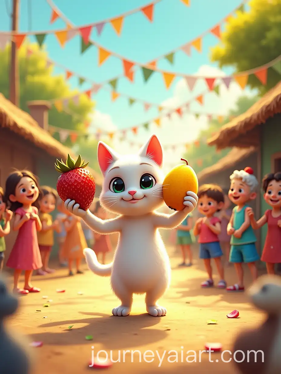 Cheerful-Village-Festival-with-Dancing-Villagers-and-a-Cat-Holding-Mangoes-and-Strawberries