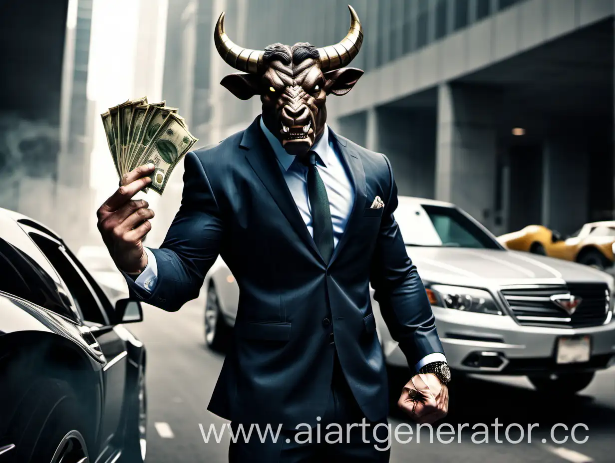 A pumped-up minotaur in a suit with money in his hands behind a cool car