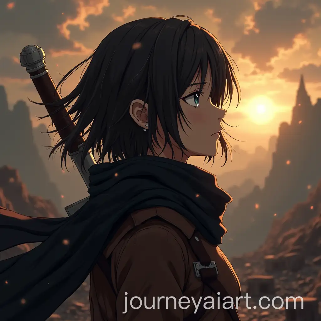 Emotional-Portrait-of-Mikasa-Ackerman-Amidst-Ruins-with-Cherry-Blossoms-and-Ash