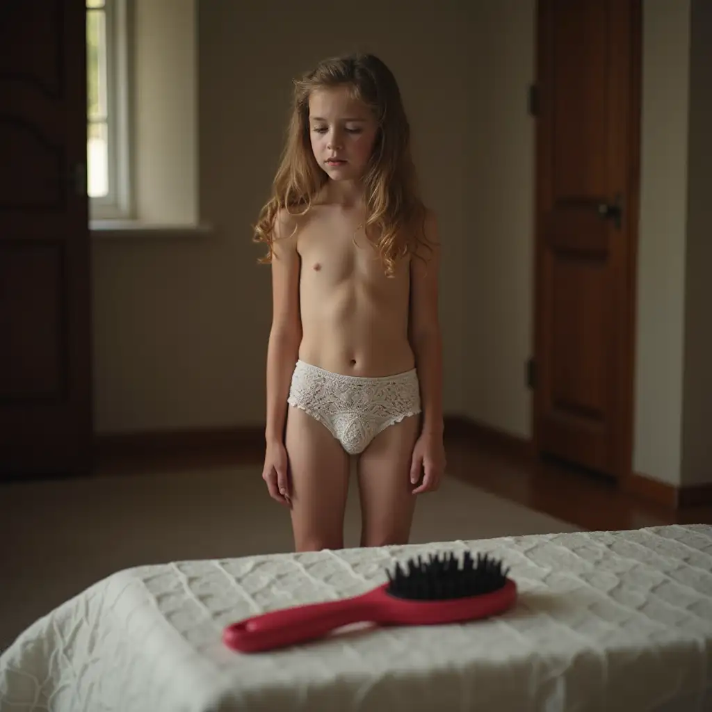 Teen-Girl-with-Sulky-Expression-Standing-on-Carpet-with-Hairbrush-on-Table