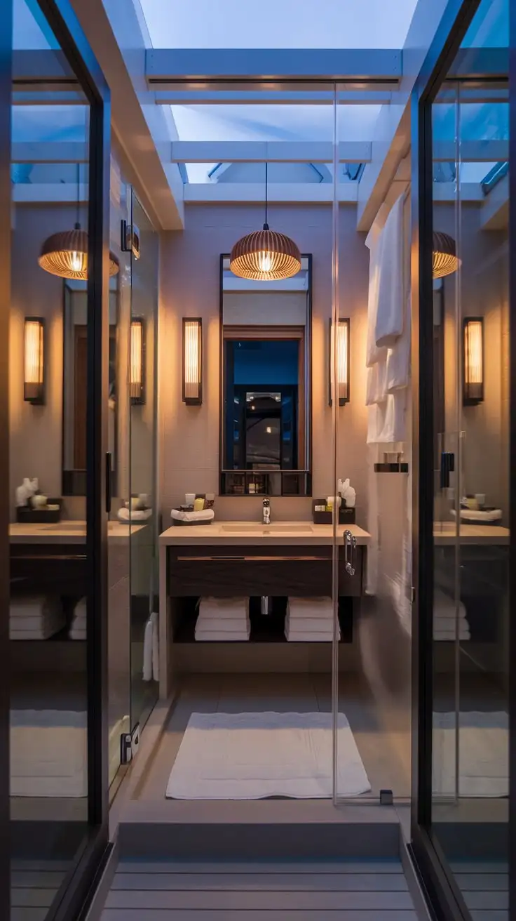 Wide shot of a real stunning small modern bathroom showcasing statement lighting with sconces flanking the mirror and a pendant light above the vanity.  Warm, inviting light.  Floating vanity, glass shower enclosure, vertical storage. Spa-like atmosphere, clean lines, modern style, evening light.