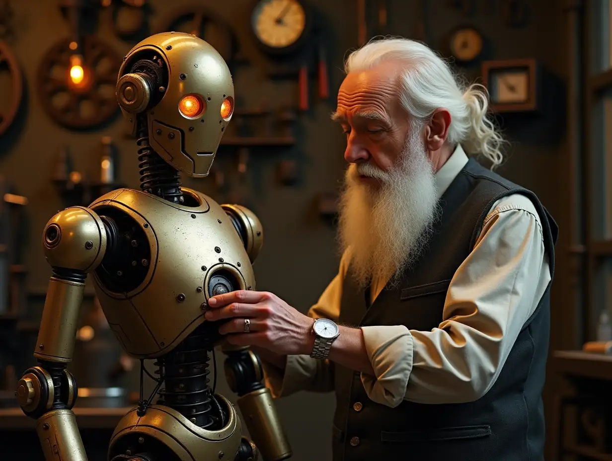 a vintage, steampunk-inspired scene where an elderly man with a white beard and blue vest carefully works on a humanoid robot. The robot has a metallic body with golden and bronze accents, glowing orange eyes, and intricate mechanical details. The setting appears to be a workshop filled with gears and machinery, creating a warm and inventive atmosphere. The interaction conveys a sense of craftsmanship and innovation.