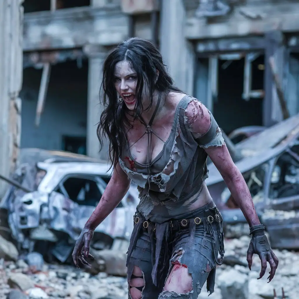 Charlize Theron as an evil predatory mutant in city ruins. Torn clothes with a huge décolleté. Postapocalypse