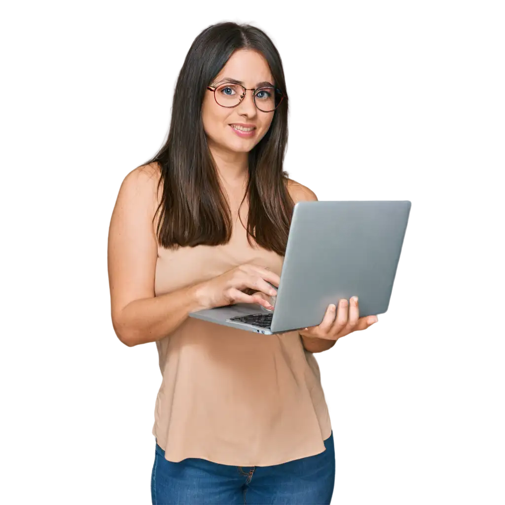 PNG-Image-of-a-Woman-Using-Laptop-at-Face-Level-Enhancing-Clarity-and-Detail