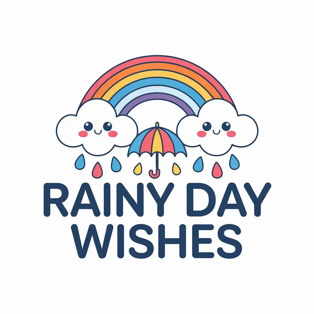 LOGO Design for Rainy Day Wishes Cute Kawaii Rain Clouds with Rainbow and Umbrella in Adorable Blue Script