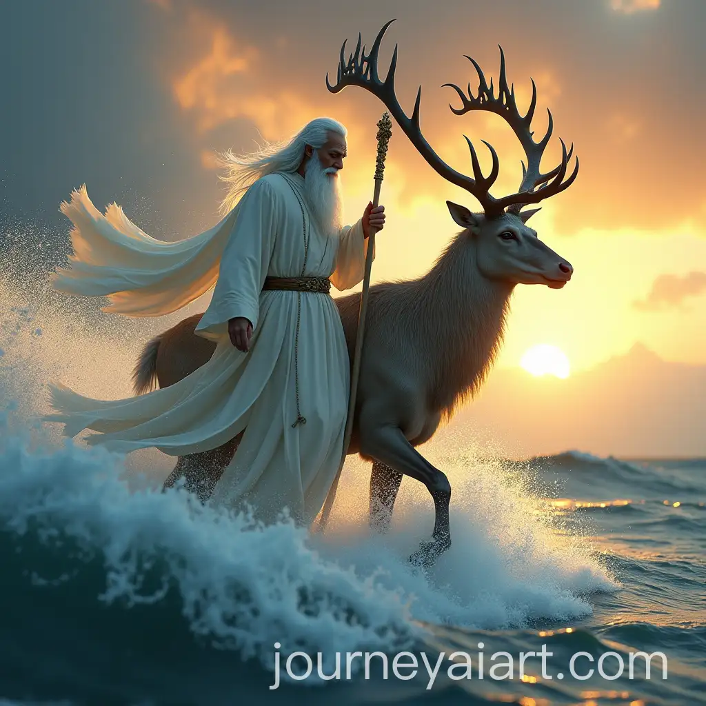 Elderly-Sage-Riding-Majestic-Deer-Over-Ocean-Waves-at-Sunset