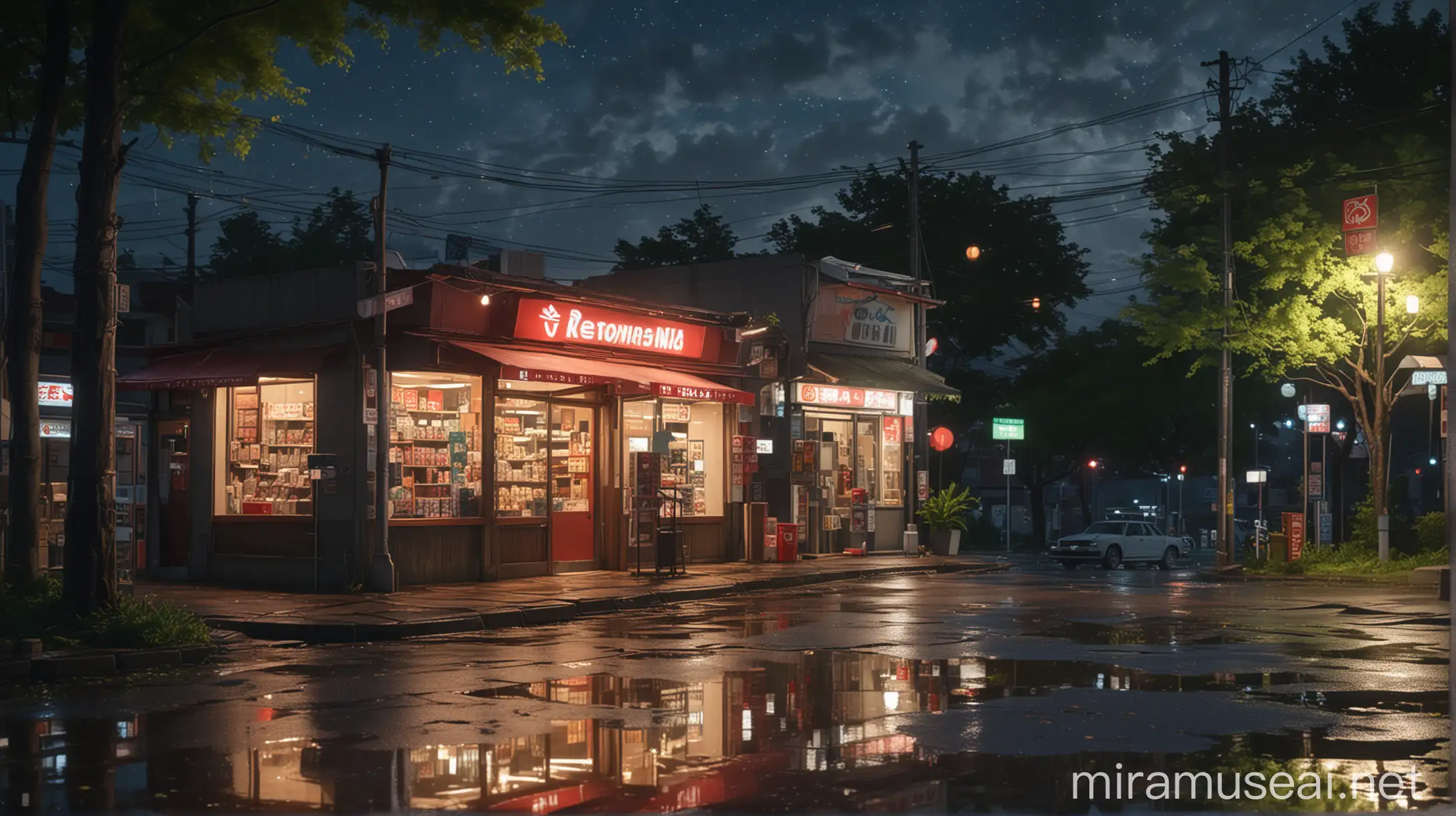 Tranquil Anime Night Scene with Red Convenience Store and Starlit Sky