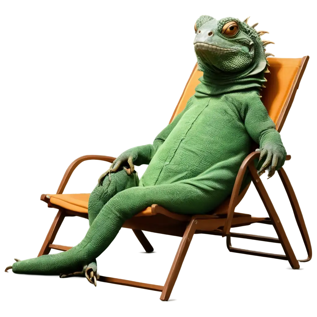 Create a cartoon-style image of an iguana wearing black sunglasses, sitting relaxed in a chair. The iguana should have a cool and laid-back vibe, with vibrant green scales and a slightly exaggerated, playful expression. The chair should be simple but colorful, matching the fun and animated feel of the scene. The overall mood of the image should be lighthearted and cheerful, with bright, bold colors typical of animated or cartoon illustrations.