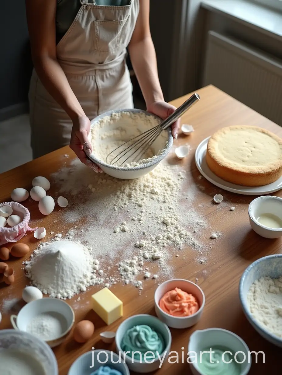 Baking-Cake-with-Flour-WhAI-Art-Prompt-Expansionisk-and-Colorful-Frosting-on-Wooden-Kitchen-Counter