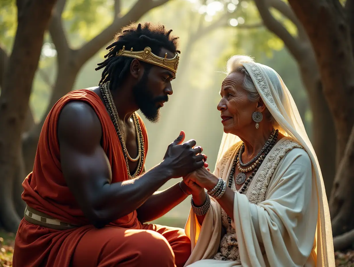 A powerful and reverent scene featuring two Yoruba Orishas, Shango and Oshanla. Shango, the Orisha of thunder, fire, and drumming, is depicted as a strong, regal man with dark skin, wearing his traditional red and white robes with a crown on his head. He is kneeling in a respectful and humble manner, gently kissing the hand of Oshanla. Oshanla, the Orisha of purity, wisdom, and the creation of the earth, is portrayed as an elderly, graceful woman with light skin, dressed in flowing white robes adorned with silver beads, cowrie shells, and a white veil covering her hair. Her expression is serene and full of wisdom as she looks down at Shango with a gentle, benevolent smile. The background is set in a sacred grove with ancient trees, soft light filtering through the leaves, creating an ethereal atmosphere. The scene emphasizes respect, reverence, and the deep spiritual connection between the Orishas.