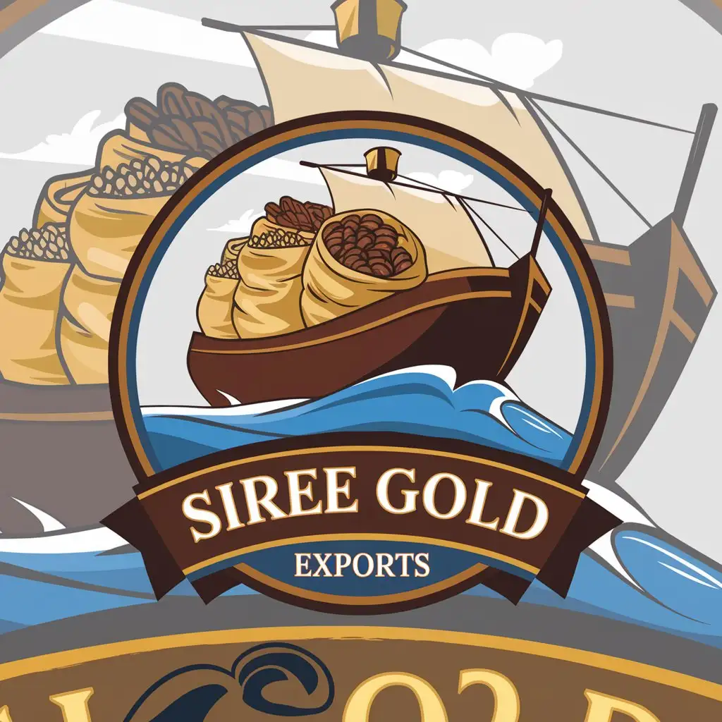 LOGO Design for SIREE GOLD EXPORTS Blue Brown and Gold Trading Vessel Theme