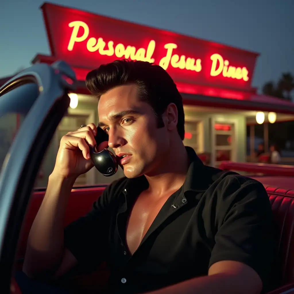 Create a photo of Elvis Presley circa 1960. He is sitting in his open top Cadillac on an old fashioned car phone with the receiver held against his ear. He has a lustful look on his face and a highly sexual demeanour. He is wearing a black polo shirt unbuttoned, showing part of his chest. The car is parked outside a typical retro American diner. There is a big red neon sign on top of the building illuminated, which says 'Personal Jesus Diner'.