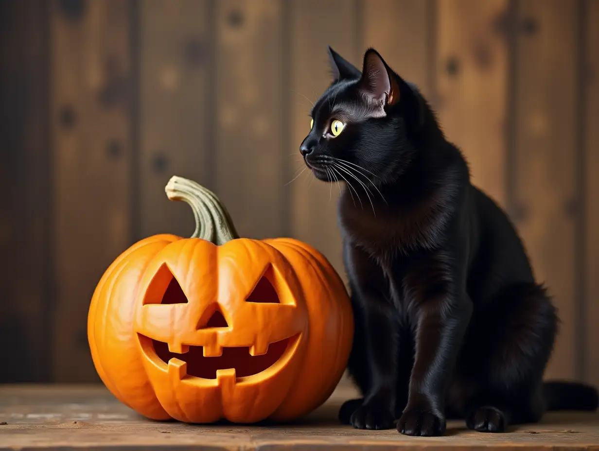 Spooky-Halloween-Pumpkin-and-Black-Cat-on-Rustic-Wooden-Table