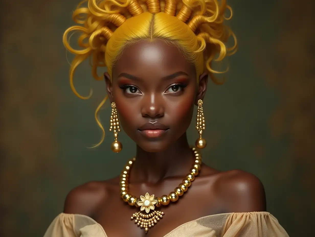 mythological black Asian princess with yellow hair in a miniskirt and ball necklace for a ball portrait 8k quality