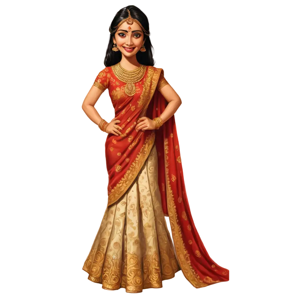 PNG-Caricature-of-Hindu-Indian-Bride-in-Traditional-Attire-Richly-Embroidered-Saree-and-Jewelry