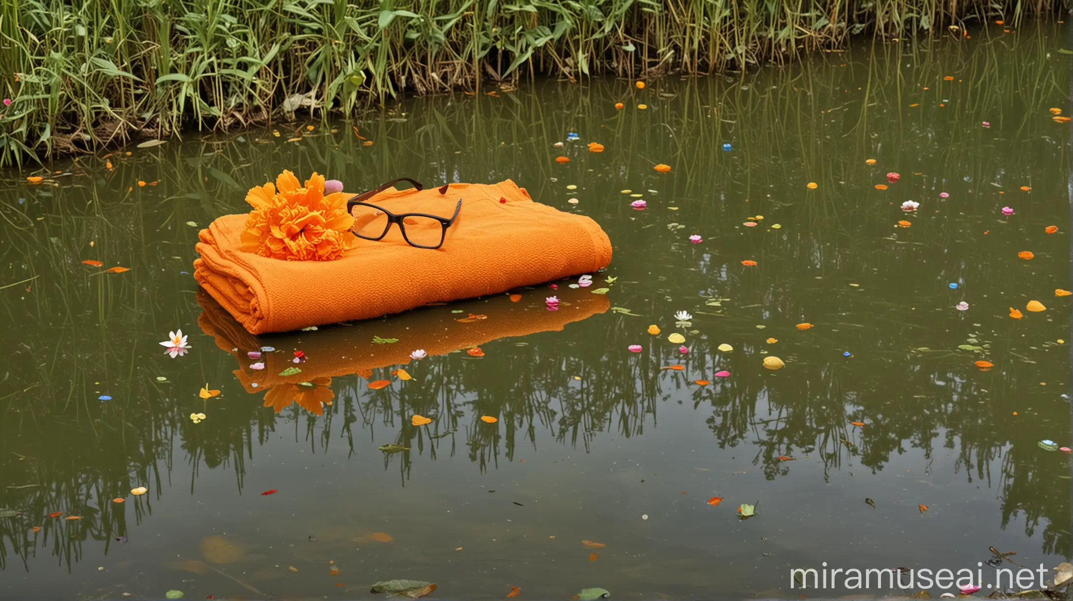 Hindu Ashram Pond with Oil Bottle Orange Bath Towel and Flower Garland