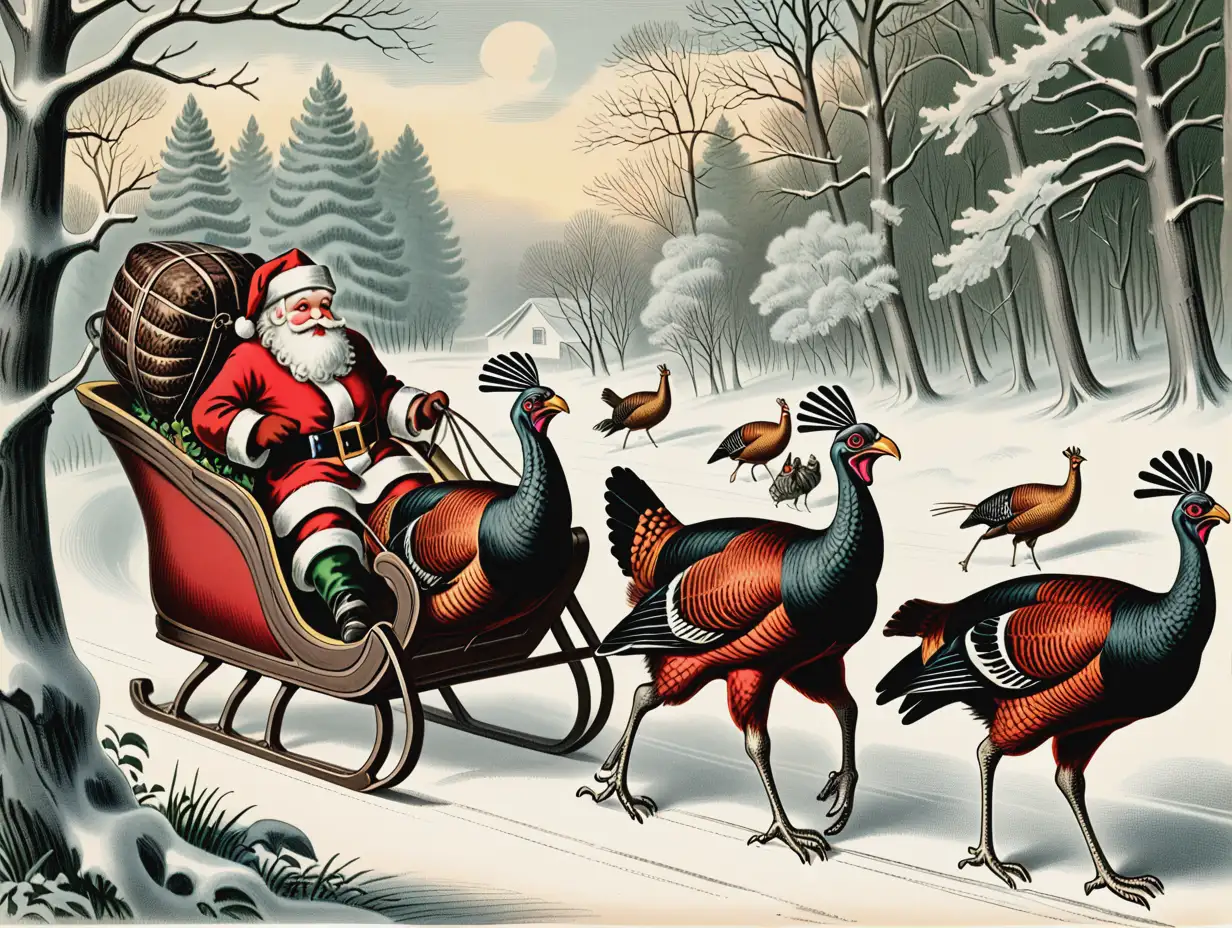 Vintage Currier & Ives illustration of Santa’s sleigh is being pulled by two wild turkeys through a snowy scene, with a little child poking his head out of Santa’s bag