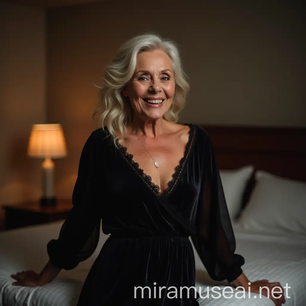 Beautiful Older woman, sensual smile, dressed in a black nightgown, standing by the bed