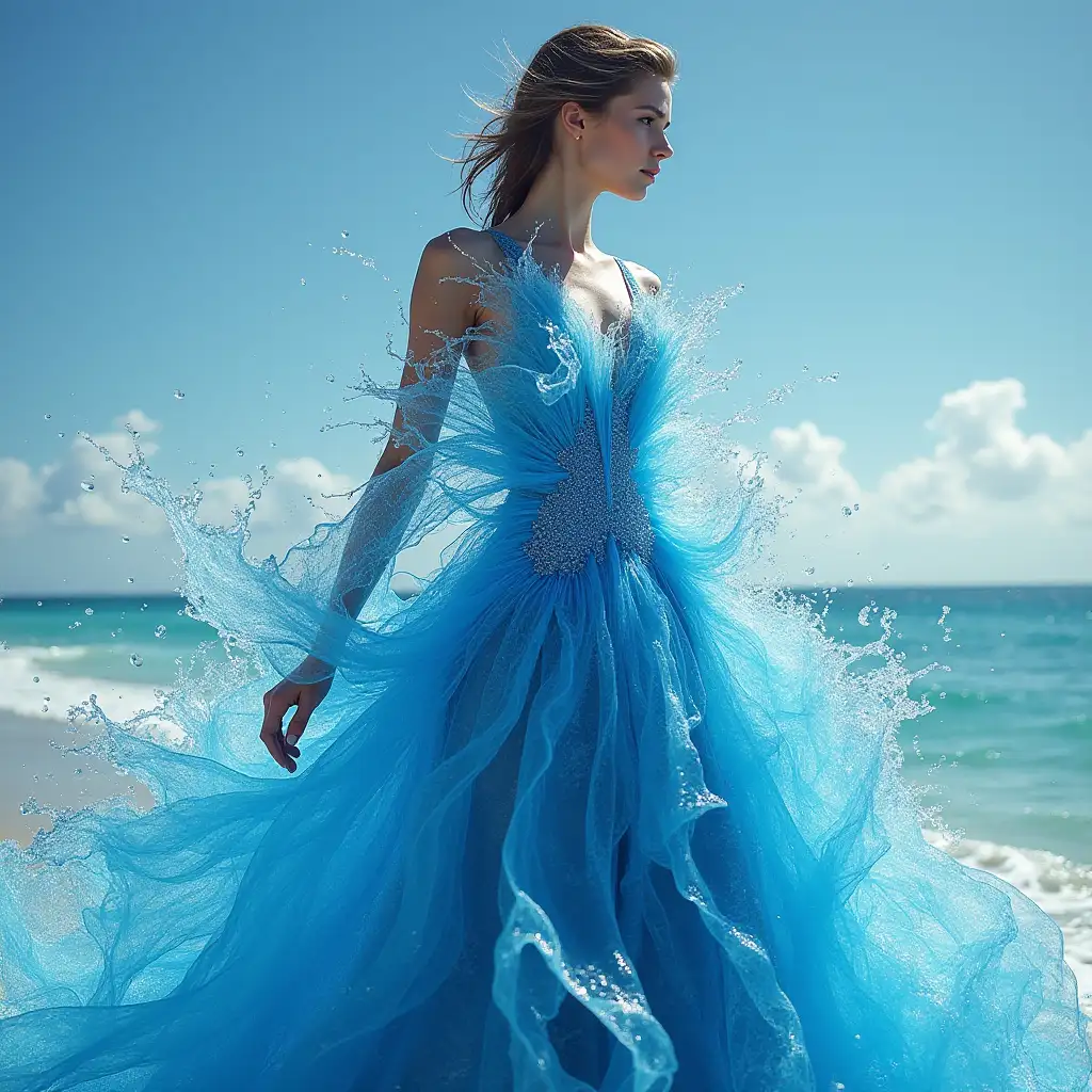 Woman in an elaborate water dress made entirely of water waves, styled by Dmitry Kostanovich, Precision Fashion Show, Photoshop, Felicia Semyon, UHD image, Ekaterina Panikanova, Shiny and Glossy, HDR, Dynamic Mode, 32kb, Sharp Focus, Illustration. by Sasan.