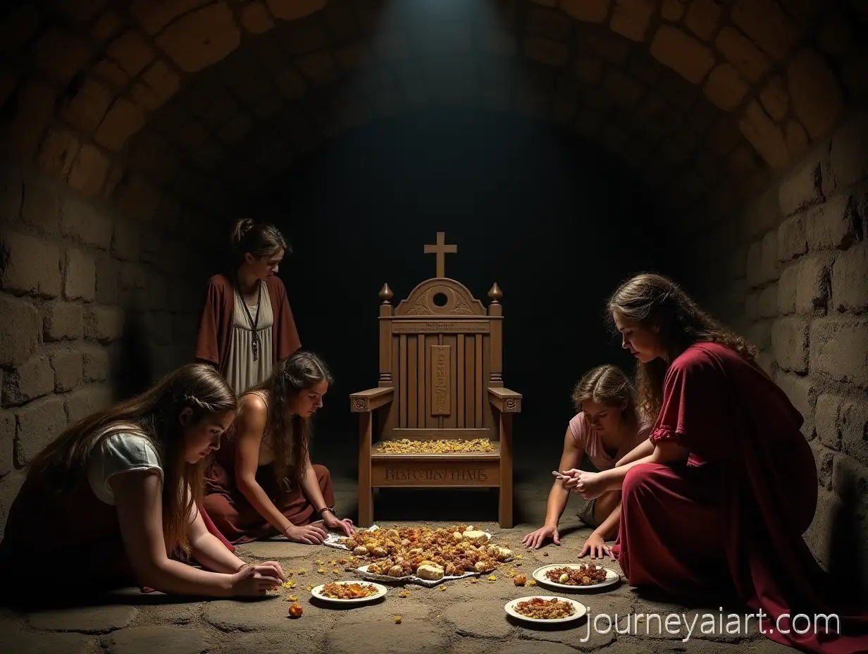 Women-Eating-Food-in-a-Dark-Stone-Vault-with-Wooden-Throne-and-Biblical-Texts