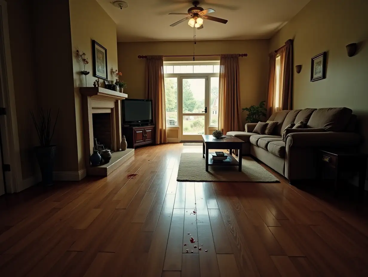 Realistic, in a large living room, a few tiny drops of blood are visible on the floor and lead out of the living room to the door.